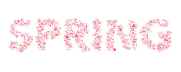 Word SPRING filled with flowers in pastel colors. Isolated design element for advertising.