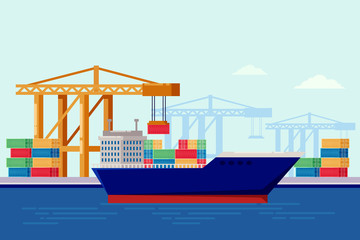 Cargo ship in port, vector flat illustration. Sea cargo delivery, warehouse and logistic industry concept.