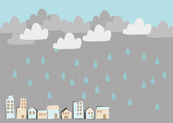 雨が降る街。 街並みのイラスト。 都市の景色。 雨のイメージイラスト。 梅雨の季節の為のイラストレーション。 季節のクリップアート。