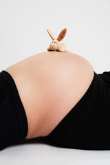 Babybauch einer Schwangeren Frau mit eine Hasen aus Stoff als Spielzeug oben auf