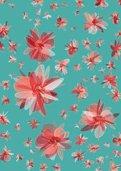 Fototapeta na wymiar Bright floating coral flowers. Abstract floral background. Vector element for design.