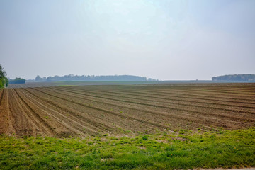 Fototapeta na wymiar Spring fields countryside panorama landscape with fresh plowed field