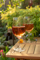 Two cold rose wine glasses served on outdoor terrace in garden with flowers in sunny day