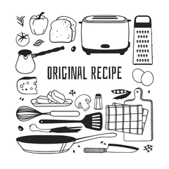 Peel and stick wall murals Cooking Hand drawn illustration cooking tools, dishes, food and quote. Creative ink art work. Actual vector drawing. Kitchen set and text  OROGONAL RECIPE