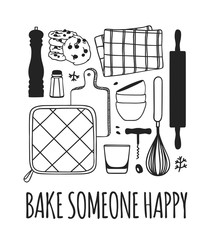 Hand drawn illustration cooking tools, dishes and quote. Creative ink art work. Actual vector drawing. Kitchen set and text BAKE SOMEONE HAPPY