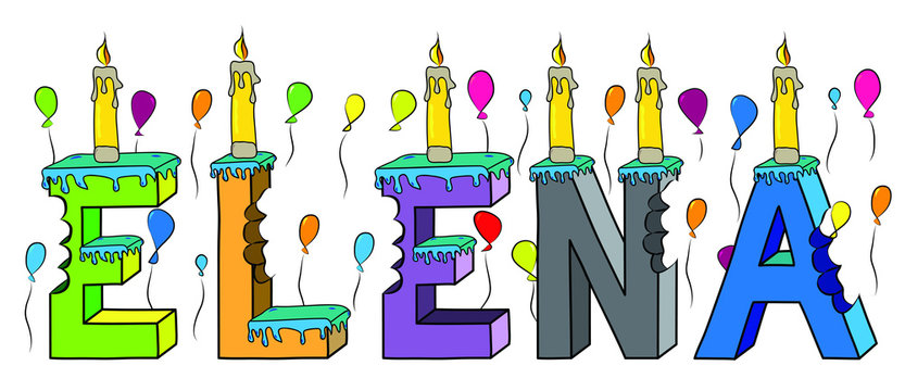 Elena female first name bitten colorful 3d lettering birthday cake with candles and balloons