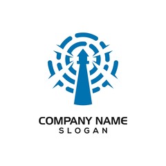 Combination of watchtower and abstract fingerprint for cyber security logo template.