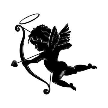 Silhouette of an angel, Cupid cherub with a bow and arrows, isolated image. Vector illustration EPS 10