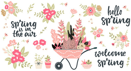 Set of hand sketched spring season vector flowers, leaves, branches and bouquets and hand written lettering words and phrases hello spring, welcpme spring, spring in the air © saltoli