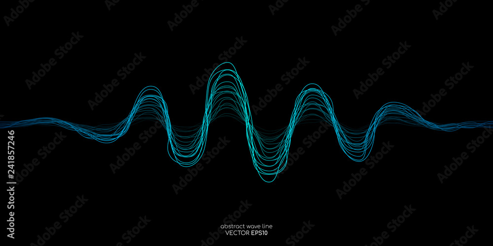 Poster Abstract vector wave lines green and blue colors isolated on black background for design elements in concept music, technology, modern, science. AI