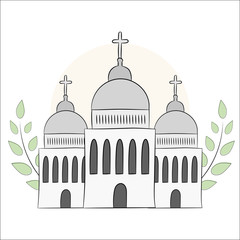 Vector church, temple, chapel with domes and crosses. Religion is Christianity, Baptism. Isolated object on white background. An illustration painted by hands, hand draw. Style doodle
