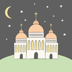 Vector church, temple, chapel with domes and crosses. Religion is Christianity Baptism. . Beautiful scenery and building at night. Moon, a star. Illustration hand draw. Style doodle
