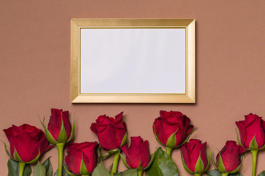 Valentines day, empty frame, seamless nude background with red roses, message, free copy text space