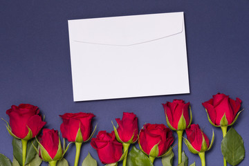 Valentines day envelope background,seamless blue background with red roses, free copy text space