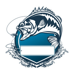 Fishing bass logo. Bass fish with rod club emblem. Fishing theme illustration. Fish Isolated on white.