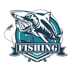 Toothy great white shark fishing logo. Strong shark fishing sports mascot emblem. Angry fish vector background.