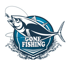 Tuna big fishing logo illustration. Tuna fish fishing vector emblem. Blue fin fish marine theme. Angry fish.