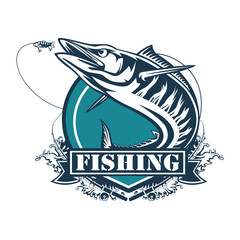 Wahoo fish. Fishing logo vector. Acanthocybium solandri. Scombrid fish jumping up fishing emblem on white background.
