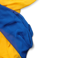 Blue and yellow transparent silk on white background. Top view