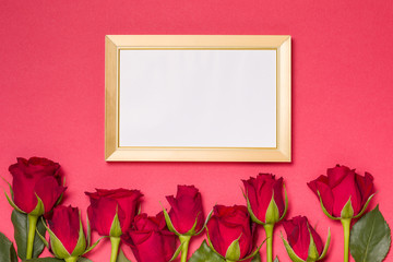 Valentines day, empty frame, seamless red background with red roses, message, free copy text space
