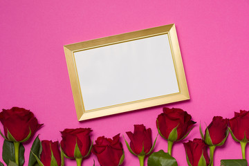 Valentines day, empty frame, seamless pink background with red roses, message, free copy text space