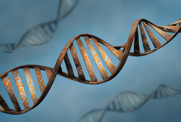 Biotechnology concept of old DNA and protein letter background, rust DNA and protein sequence 3d...