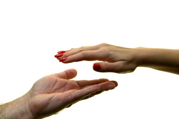 Male and female hands on a white background.