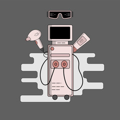 Vector flat illustration of equipment for laser, photo and electro hair removal. Diode laser, sapphire tip, accessories for the procedure