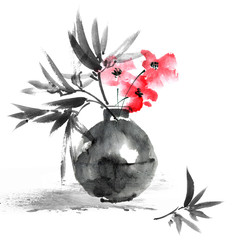 Watercolor painted still life with flower in vase