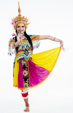 The lady is wearing Southern thai classical dancing suit ,posing basic pattern of Southern Dance,