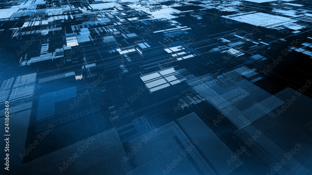 Poster abstract technology digital circuit board created from geometric rectangle shapes and dot lines. for