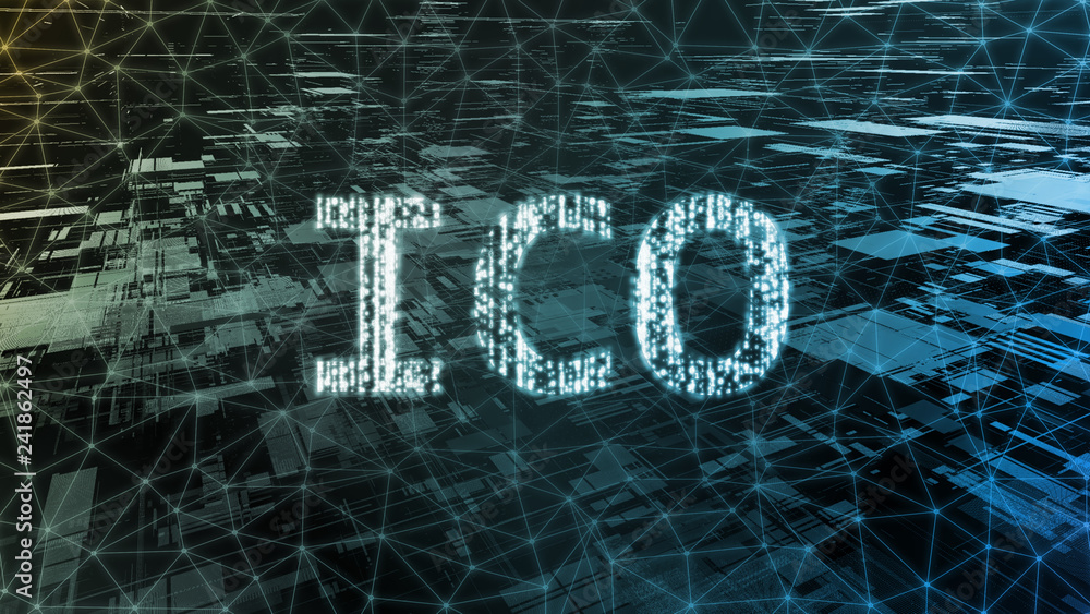 Poster initial coin offering (ico) text written in binary format on wired network connection over abstract 
