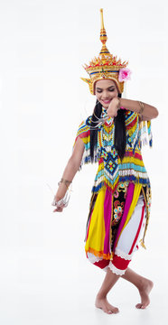 The lady is wearing Southern thai classical dancing suit is posing Southern Thai basic pattern on background