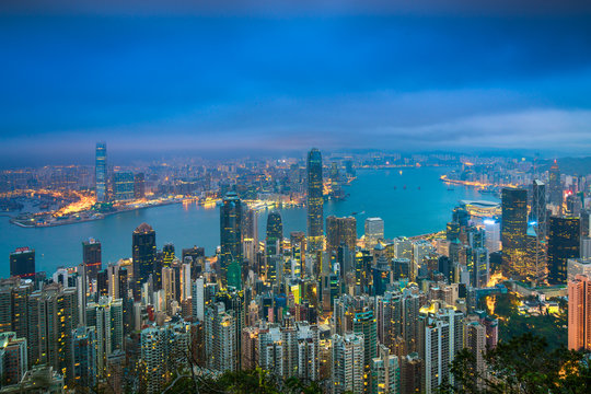 Hong Kong City skyline twilight time view from Victoria Peak.