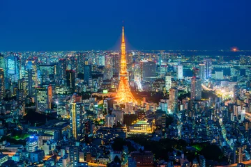 Foto auf Glas Tokyo tower night time, wide angle view, Japan. © happystock