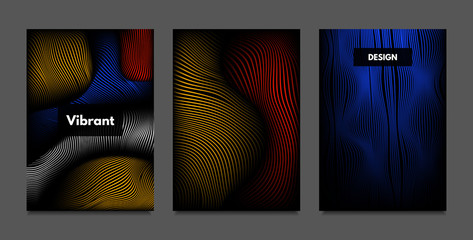 Distortion of Lines. Abstract Backgrounds with Vibrant Gradient and Wavy Stripes. Futuristic Cover Templates Set with Volume and Metallic Effect. Distorted Shapes for Business Presentation, Brochure.