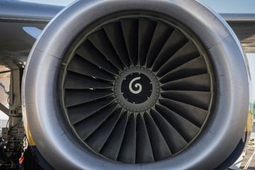 close up of a jet plane engine fan
