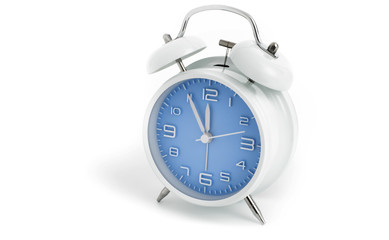 Table alarm clock with time 5 to 12 with blue clock face, 11.55 AM PM, on white background