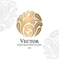 Fototapeta na wymiar Golden abstract emblem. Elegant, classic elements. Can be used for jewelry, beauty and fashion industry. Great for logo, monogram, invitation, flyer, menu, brochure, background, or any desired idea.
