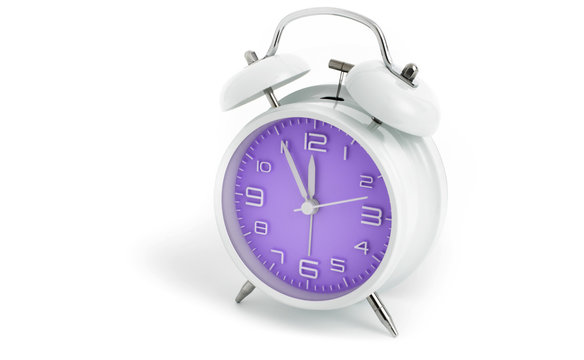 Table Alarm Clock With Time 5 To 12 With Purple Clock Face, 11.55 AM PM, On White Background