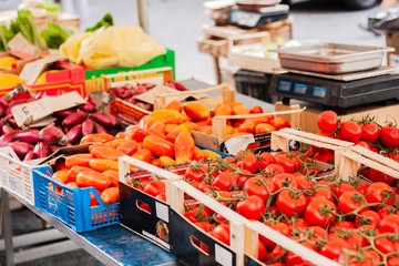 Various colorful fresh vegetables in the fruit market, Catania, Sicily, Italy.