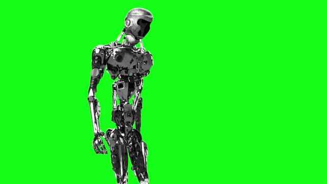 Running cyborg, walking robot render 3D on a green background