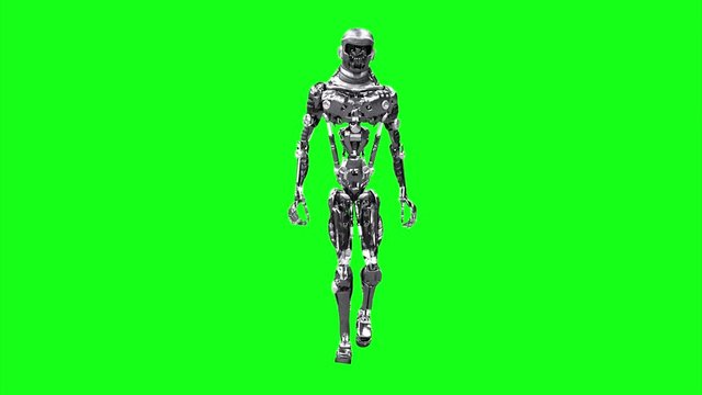 Running cyborg, walking robot render 3D on a green background