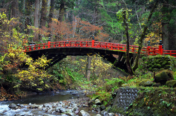 Haguro Mt, Tsuruoka, Japan - November 11, 2018: Red bridge at Haguro Mountain