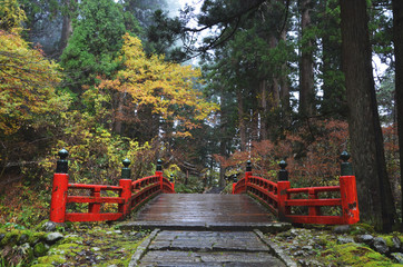 Haguro Mt, Tsuruoka, Japan - November 11, 2018: Red bridge at Haguro Mountain