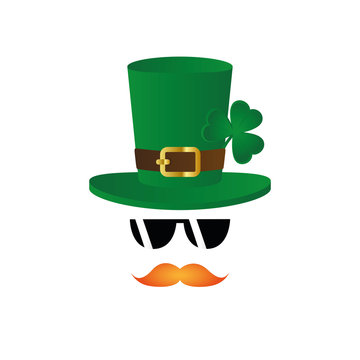 leprechaun character face red beard and hat with clover and sunglasses on white background vector illustration EPS10