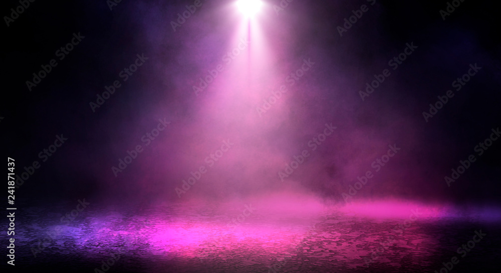 Wall mural background of empty room with spotlights and lights, abstract purple background with neon glow