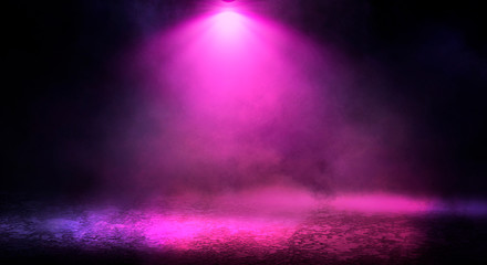 Background of empty room with spotlights and lights, abstract purple background with neon glow