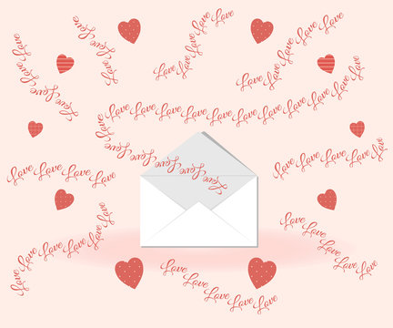 Valentine's day concept: love lettering flies out of the envelope on a pink background surrounded by original hearts in polka dots, stripes and checkered.Vector illustration