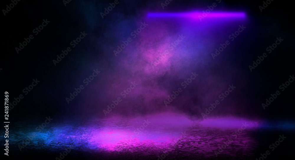 Sticker background of empty room with spotlights and lights, abstract purple background with neon glow